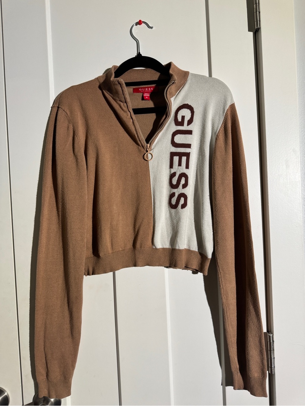 GUESS Vintage Two-Tone Tan and Cream Half-Zip Cropped Sweater